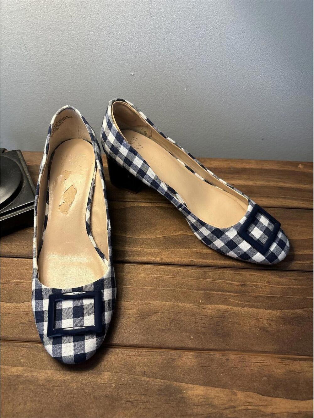 Crown & Ivy Beckie Heal Pumps 7.5  Blue Gingham Checkered Plaid Slip On Buckle